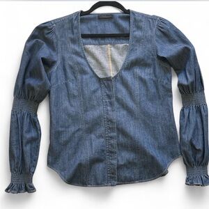 Denim blouse with ruffle sleeves